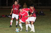 Eddie Lopez of Tortorella Pools protecting the ball from Cristian Bautista of Cuenca FC