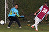 Roger Quiceno of Maidstone(right) shooting wide of FC Tuxpan keeper, John Cabrera