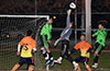 Martin Zuniga of Hampton FC threw the ball past the hand of Corey DeRosa of Maidstone to be headed in by Marcial Correa(right)