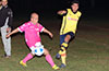 Ivan Espinoza of FC Tuxpan(left) can not stop the kick of Jus Zuluaga of Bateman