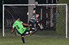 Luis Bautista, Cuenca FC keeper, jumping to block the shot by Tono Gonzalez of Hampton FC