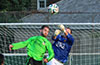 Hampton FC keeper, Olger Araya, jumping over team mate Jose Almonsa to punch the ball out of danger