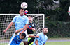 Cristian Gonzalez of Tortorella(#11), Luis Barrera, Maidstone keeper, Alex Mesa and defender Mathew Ramirez of Maidstone going for the ball