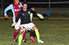 Cory DeRosa, Maidstone Market keeper, outside the goalie box and will be given a yellow card for the hand ball