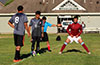 Gehider Garcia(#8) and Cristian Flores of Hammpton FC getting ready for the kick off while Jefferson Ramirez of Maidstone Market watches