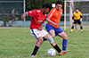 Pedro Martinez of Sag Harbor(front) protecting the ball from Juan Fuquen of EH Soccer Fever