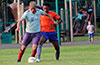 Mouhamadou Gaye of EH Soccer Fever(rear) holding off Donald Martinez of FC Tuxpan
