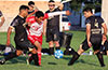 Anthony Mosquera of Southampton FC(center) trying to get by John Romero Jr.(left) and Andres Zuluaga of Maidstone
